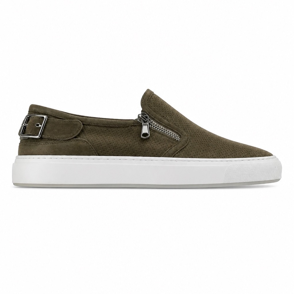 Doucal’s Men's Slip-On Soft Suede Loafers in Olive with Side Zippers - Picture 5 of 8